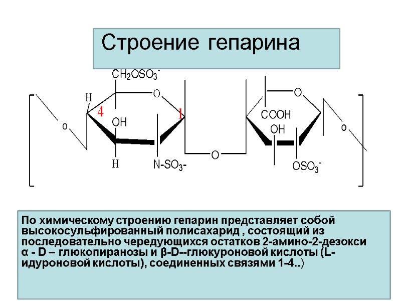 По химическому строению гепарин представляет собой высокосульфированный полисахарид , состоящий из последовательно чередующихся остатков
